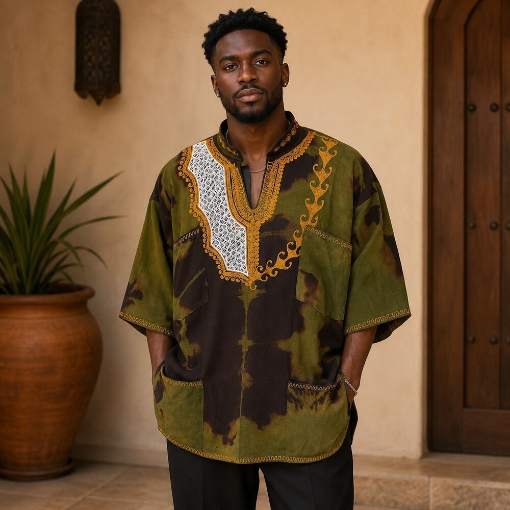 Mens African Style Dashiki Tunic Embroidered Olive Brown Kaftan XXL (Measured)